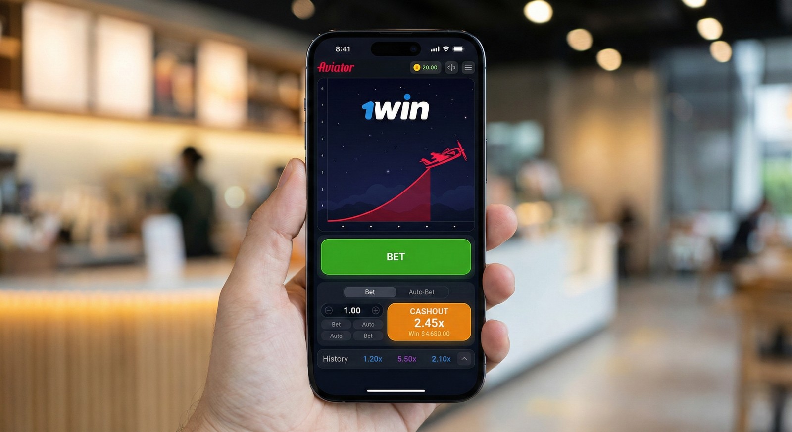 Close-up of a hand holding a phone with the 1win Aviator game interface, showing a 2.45x multiplier and bet buttons
