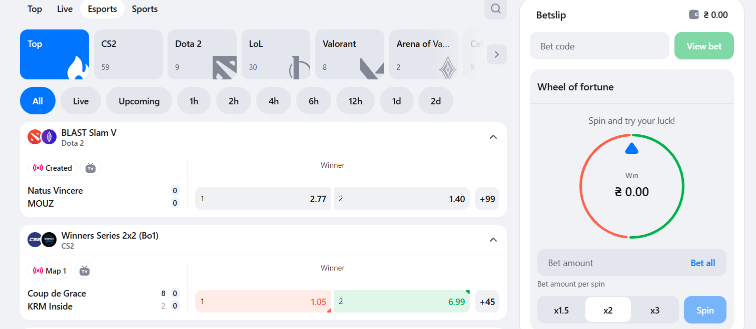 1win eSports dashboard with live betting odds for BLAST Slam V Dota 2 and Winners Series CS2, including a Wheel of Fortune