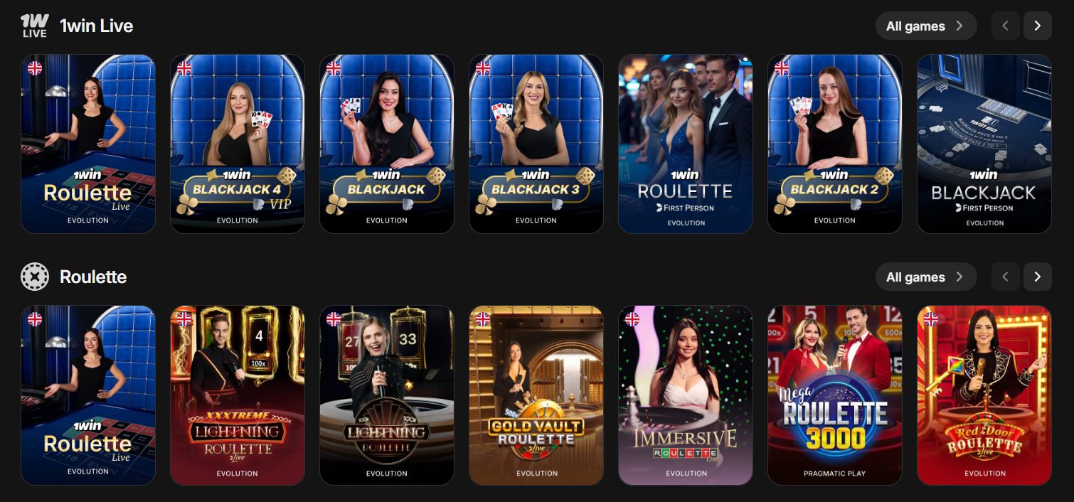 Selection of 1win Live Casino games including Lightning Roulette, VIP Blackjack, and immersive tables with real dealers