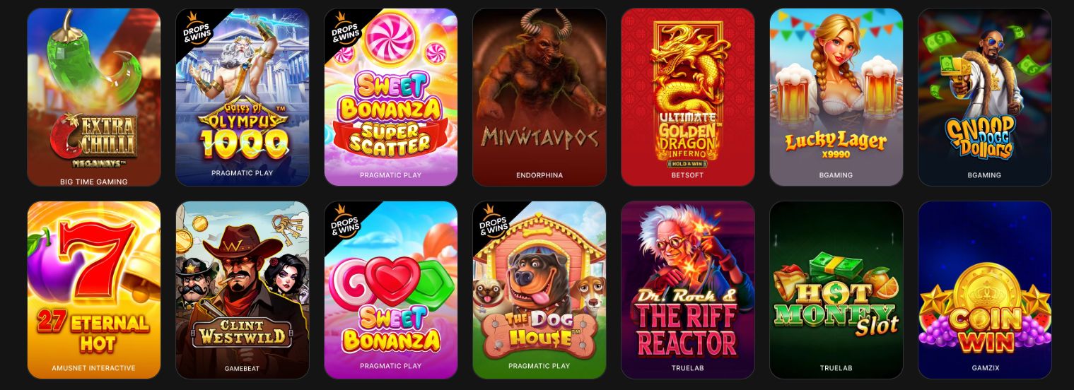 Popular 1win online slots including Sweet Bonanza, Gates of Olympus, The Dog House, and Extra Chilli Megaways games.