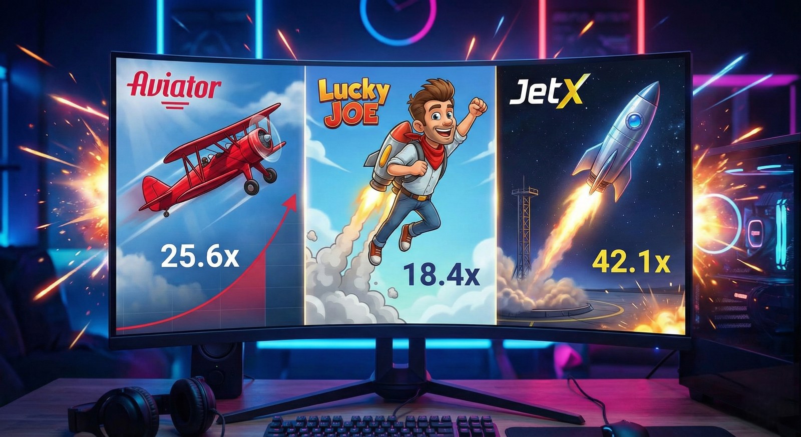 Wide gaming monitor showcasing Aviator, Lucky Joe, and JetX crash games with multipliers like 25.6x and 42.1x at 1win.