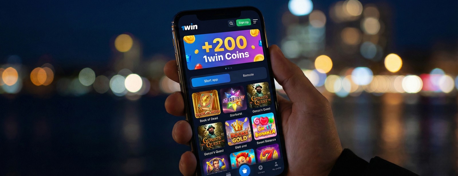 Hand holding a smartphone with the 1win app interface showing a +200 1win Coins bonus banner and popular slot games