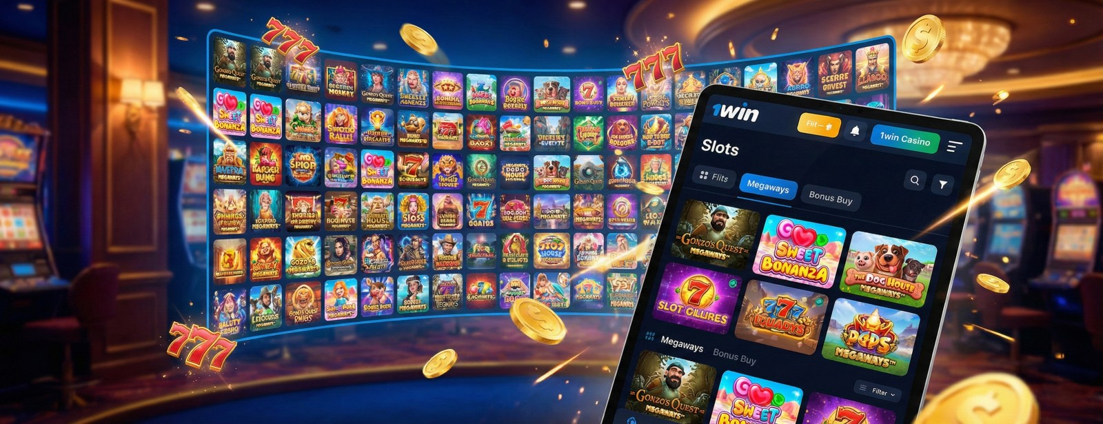 Digital display of 1win casino slot machines library featuring Sweet Bonanza, Gonzo's Quest, and Megaways