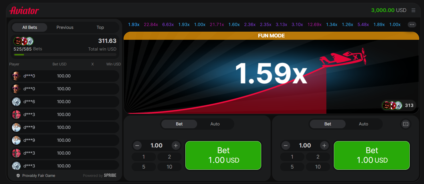 Aviator crash game dashboard in fun mode showing 1.59x multiplier, live bets list, and double betting panel interface