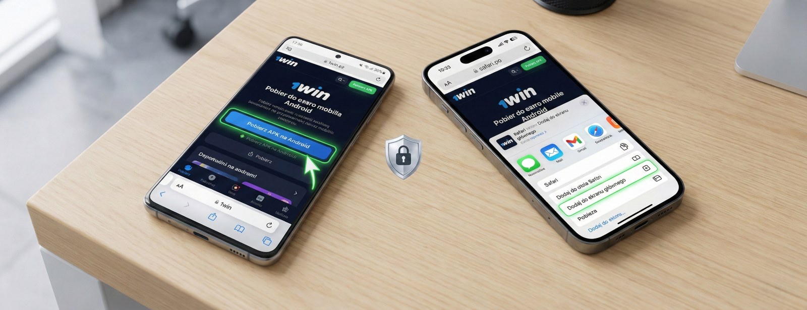 Two smartphones on a desk showing 1win installation steps: Android APK download button and iOS "Add to Home Screen" PWA menu