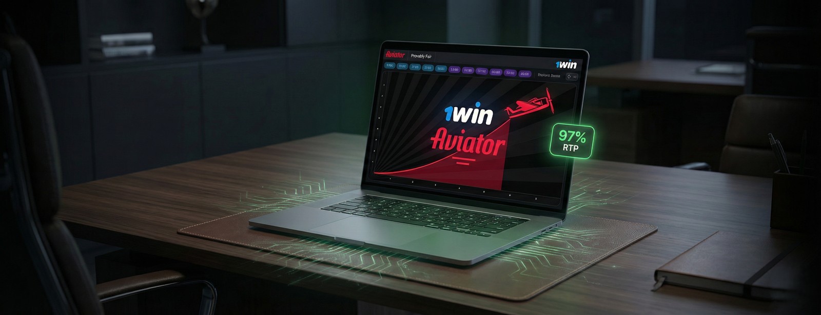 1win Aviator crash game interface on a laptop screen showing 97% RTP rate and provably fair plane flight animation