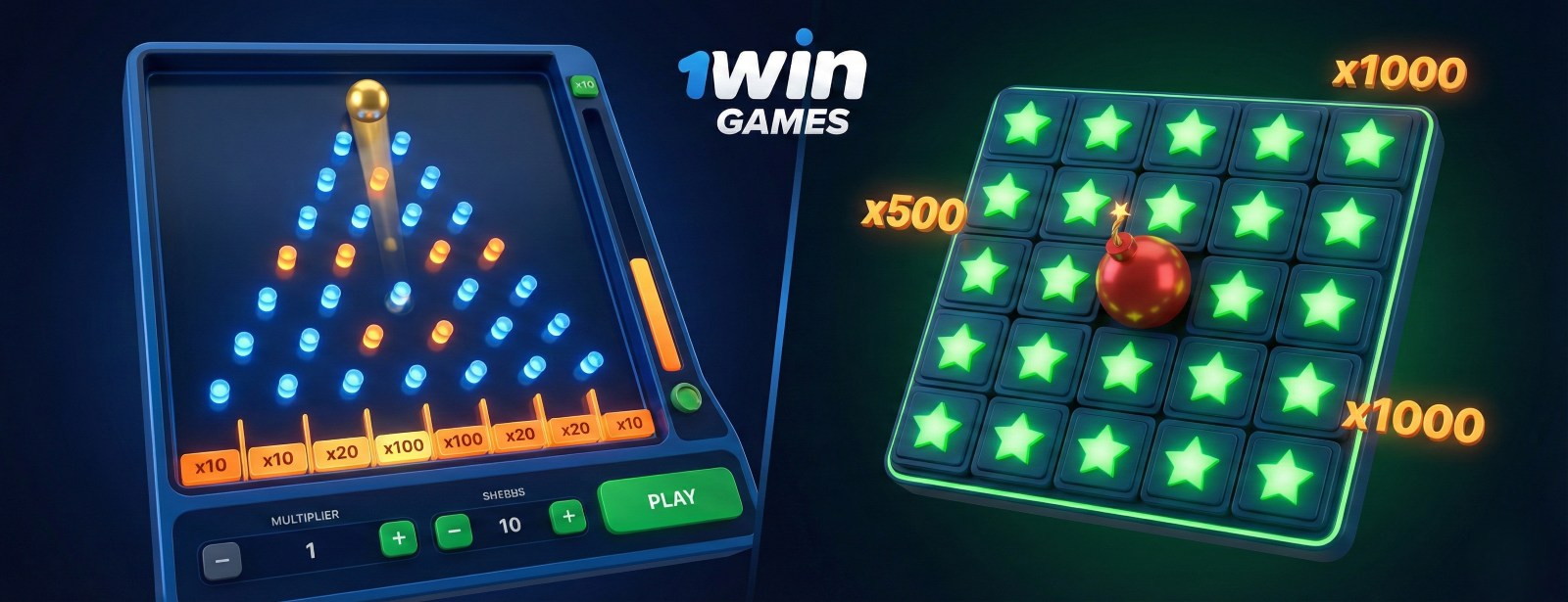Digital showcase of 1win Games featuring Plinko board with multipliers and Mines grid with stars and x1000 jackpots
