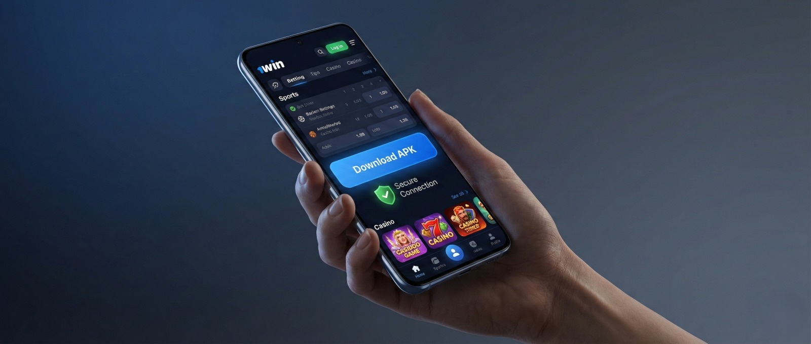 A hand holding a smartphone showing the 1win app interface with a blue Download APK button and secure connection icon