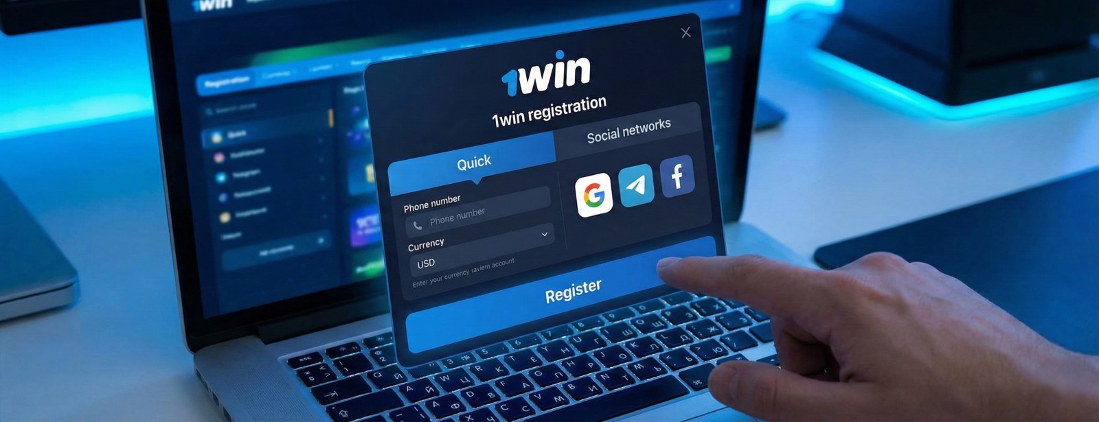 Laptop screen showing 1win registration popup with "Quick" and "Social networks" tabs, Google, Telegram, and Facebook icons.