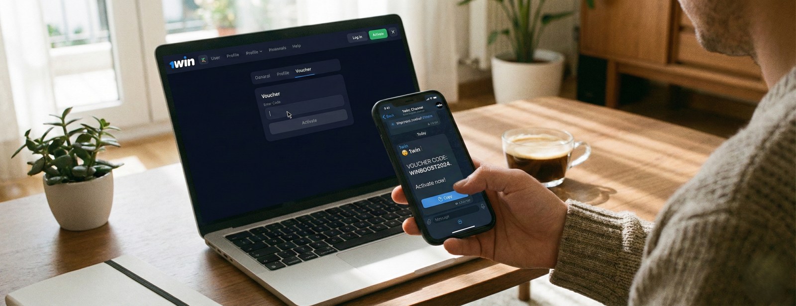 User activating a 1win voucher code "WINBOOST2024" on a laptop after receiving it via Telegram on a mobile phone